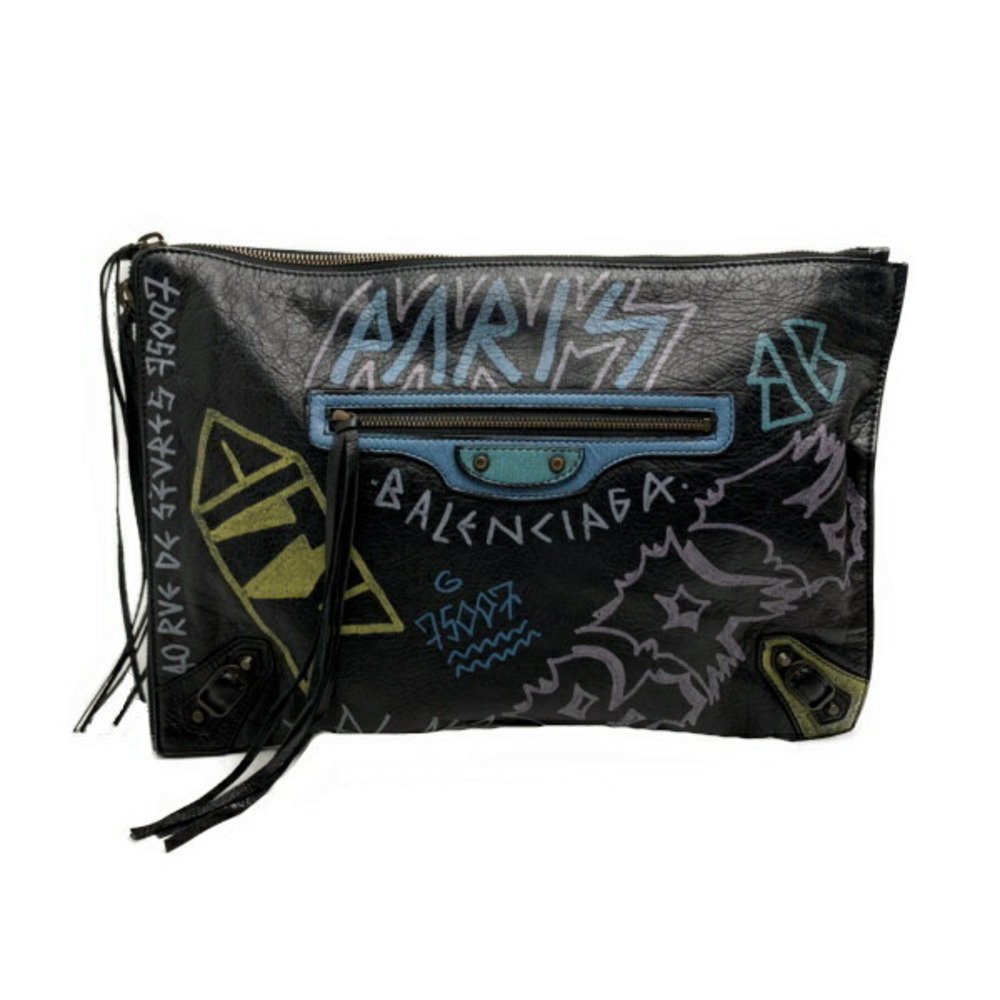 Balenciaga Document Classic Clutch Bag Leather Graffiti Black